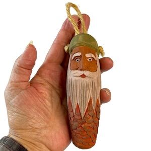Vintage Folk Art Carved Pinecone Santa Face Textured 5” Christmas Ornament